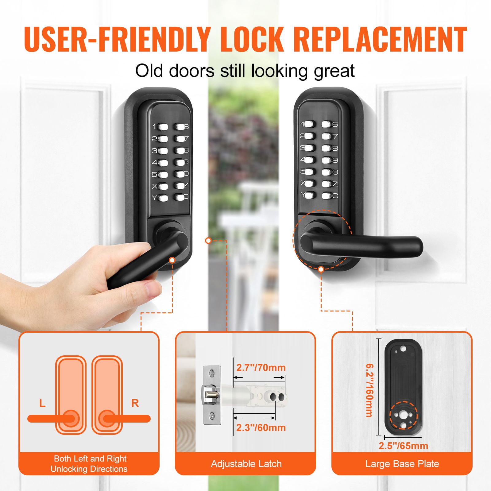 Mechanical Keyless Door Lock Gen2 Double-Sided 4-7 Digit Code No Batteries 1.4-2.5 Inch Door Thickness for Courtyard Gate