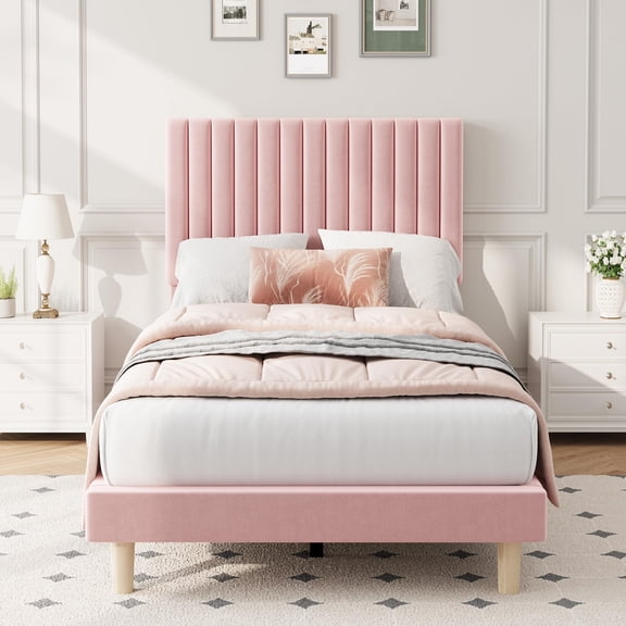 2PCS Twin Bed Frame with Adjustable Headboard, Velvet Upholstered Platform Strong Wooden Slats No Box Spring Easy Assembly Pink