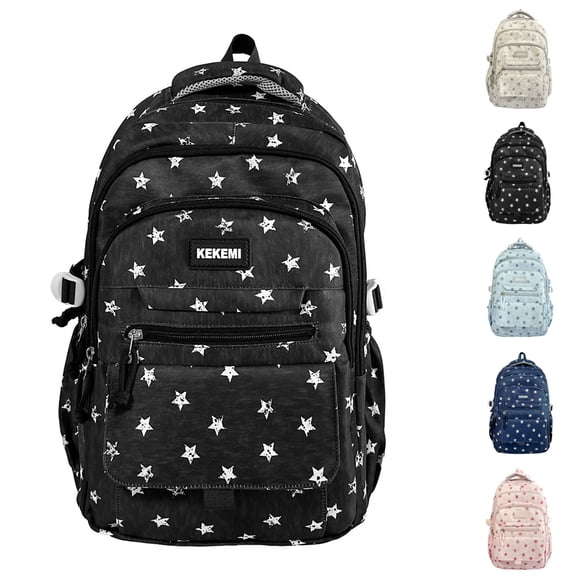 Multi-Compartment Kids Backpack for Girls, Cute Star School Backpack, Girls Bookbag for Elementary Middle School (Black)