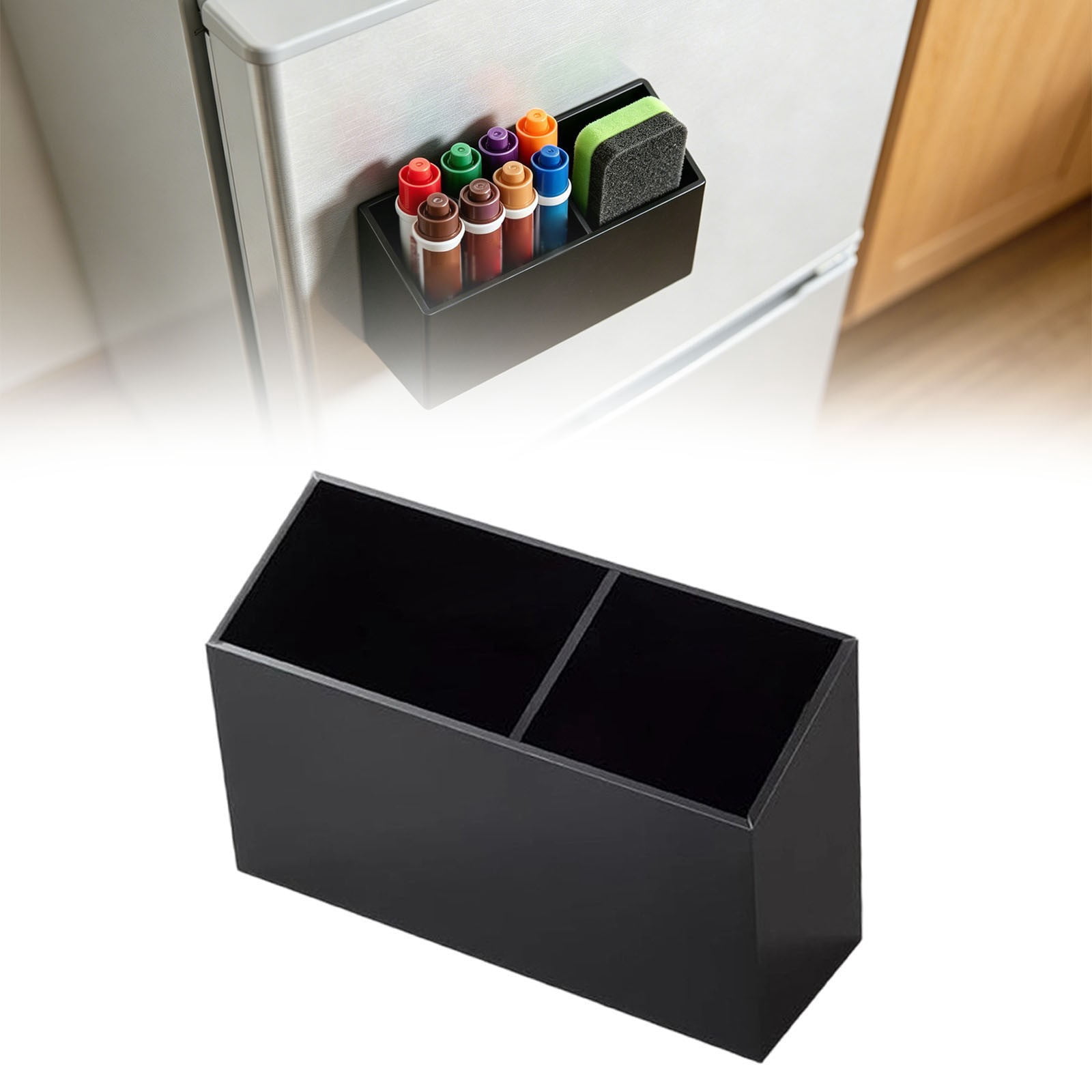 Acrylic Marker Holder for Whiteboard, Anti-slip Pen Holder with 2 Compartments for Fridge, Acrylic Pencil Holder for Home Office Desk Accessories,Multi-purpose Locker Organizer,5.9x1.96x3.5 in(Black)