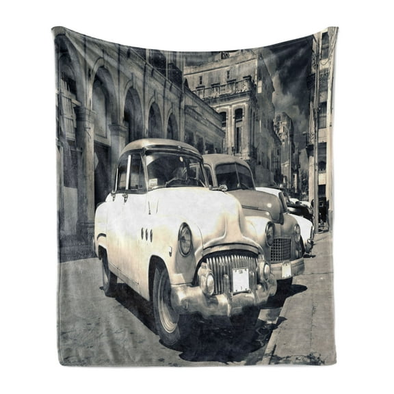 Vintage Car Soft Flannel Fleece Throw Blanket, Panoramic View of Shabby Old Havana Street Classic American Cars Weathered, Cozy Plush for Indoor and Outdoor Use, 70" x 90", Grey Beige, by Ambesonne