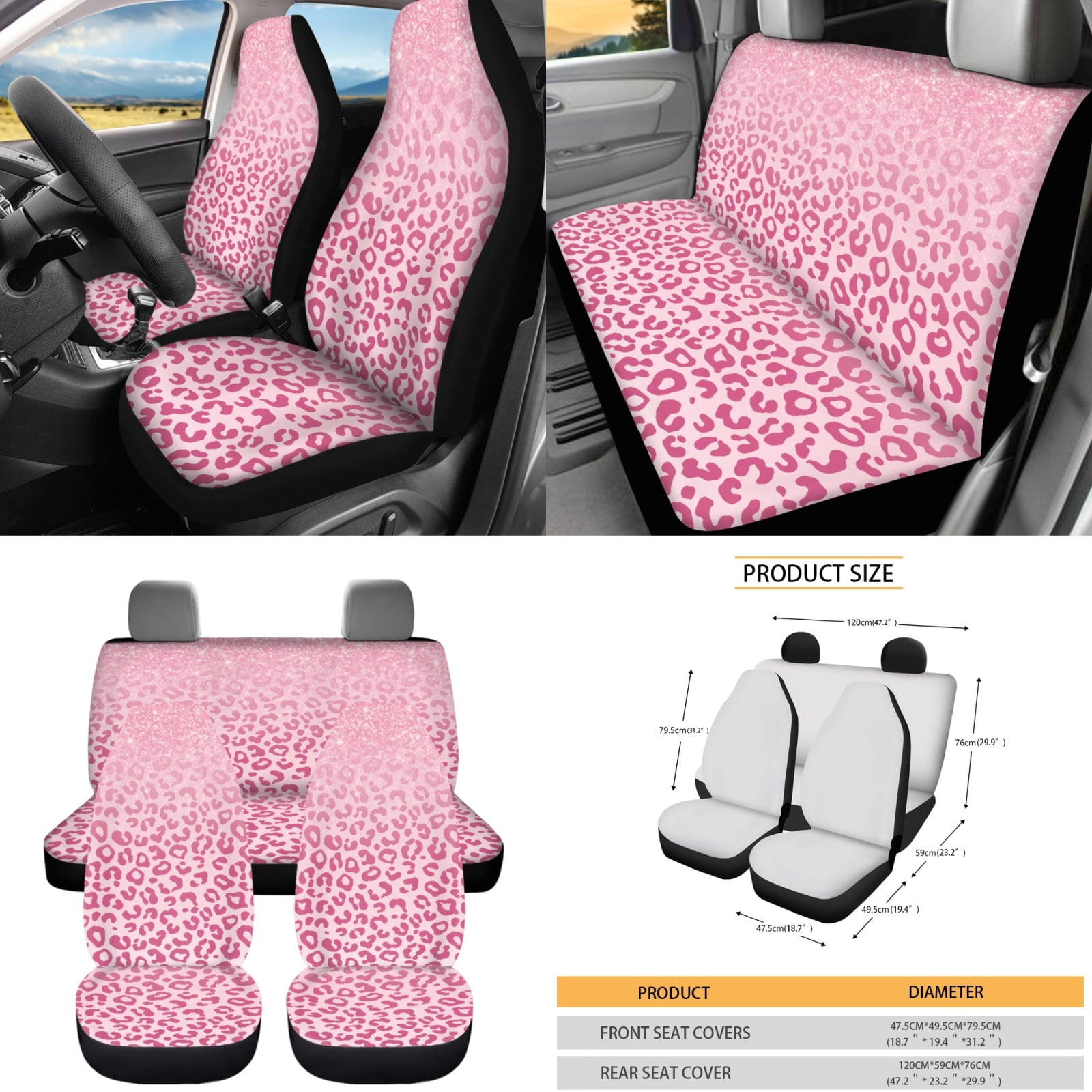 Yuyamidu 12 PCS Pink Leopard Print Car Seat Cover Set with Steering Wheel Cover Seat Belt Covers Cup Coasters Key Chain Car Accessories for Women