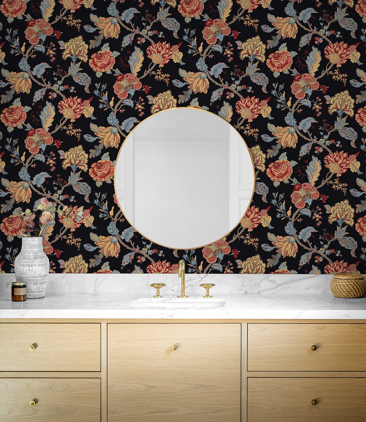Seabrook Designs  Lana Jacobean Prepasted Wallpaper 20.5 in W x 33 ft. L - Ebony