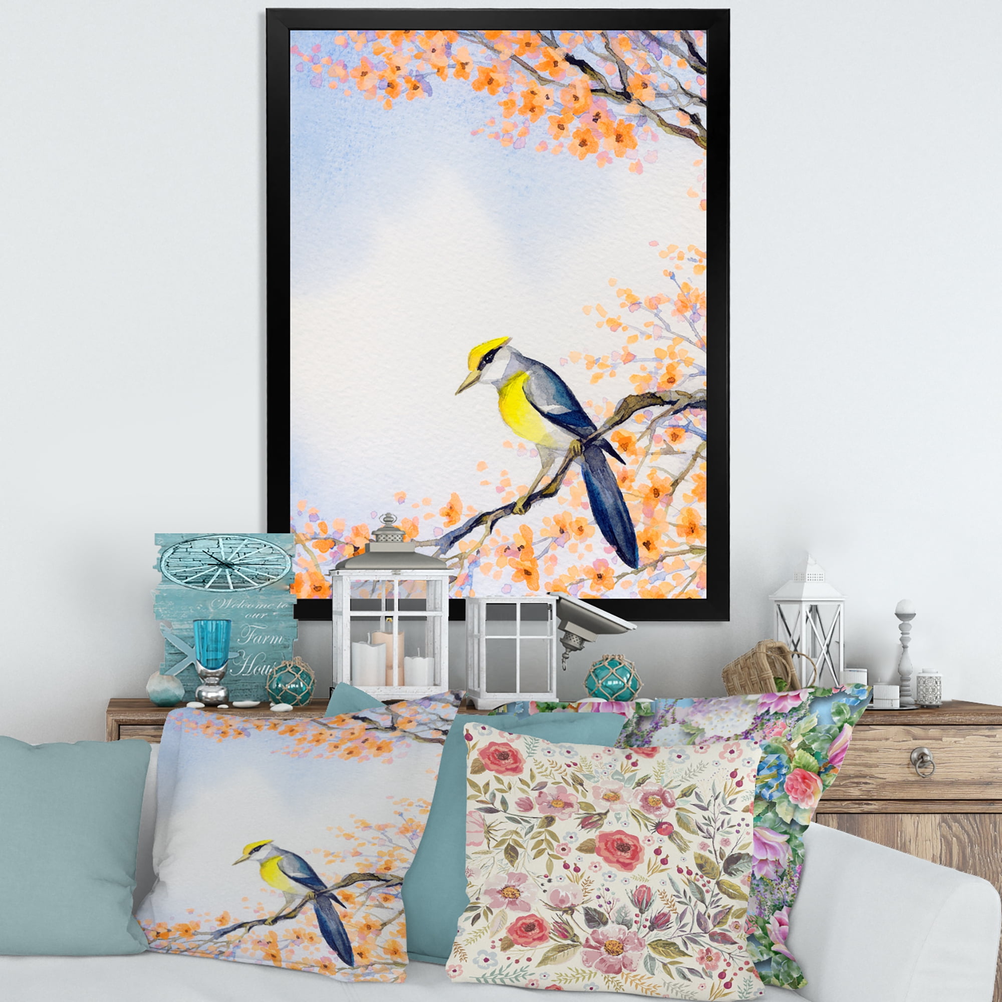 Beautiful Blue Bird Sitting On Flowering Branch II 12 in x 20 in Framed Painting Canvas Art Print, by Designart