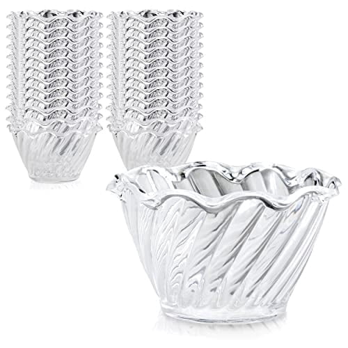 Fit Meal Prep 24 Pack Plastic Dessert Cups 5 oz, Clear Mini Ice Cream Sundae Tasting Bowls, Individual Swirl Tulip Shape Dish Holder, Salad Appetizer Chocolate Candy Serving in Party Buffet