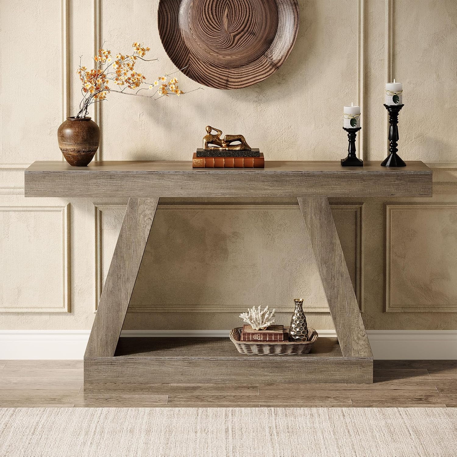 Finmind 55-inch Farmhouse Console Table，2-Tier Wood Entryway Table for Hallway, Gray