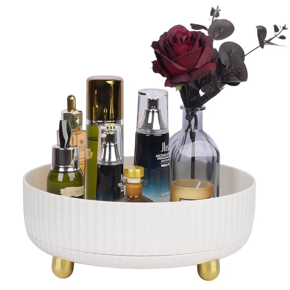 360° Rotating Makeup Organizer Tray, Spinning Perfume & Lotion Cosmetics Storage for Vanity Countertop, Large Ivory White