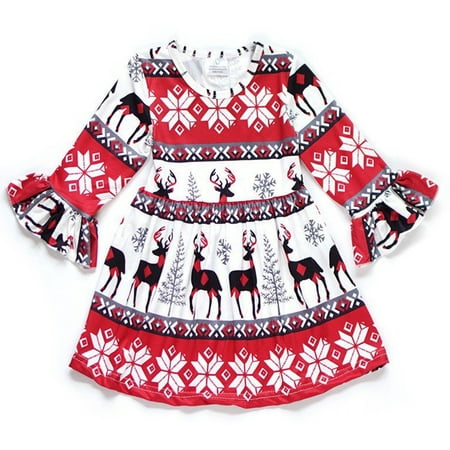 Toddler Girls Long Sleeve Reindeer Christmas Tree  Flower Girl Dress Red 2T XS