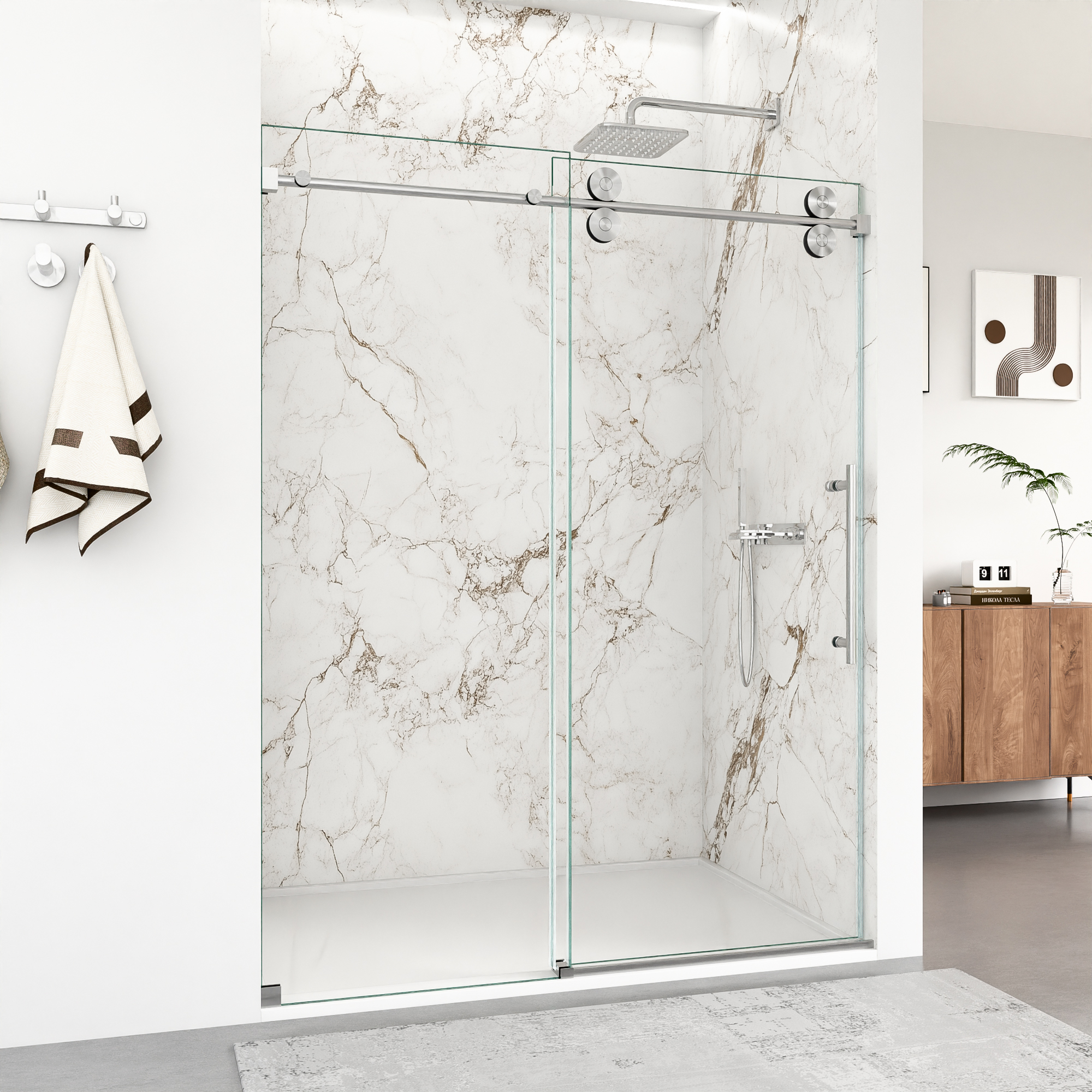 56"-60"W x 72"H Frameless Single Sliding Shower Door – 5/16" (8mm) Clear Tempered Glass,Brushed Nickel02