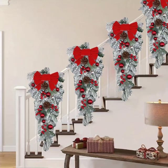 Decoraciones Corona navideña de terciopelo, juego de 2 piezas para decoración de puertas, paredes y escaleras, color rojo. Rkxzt