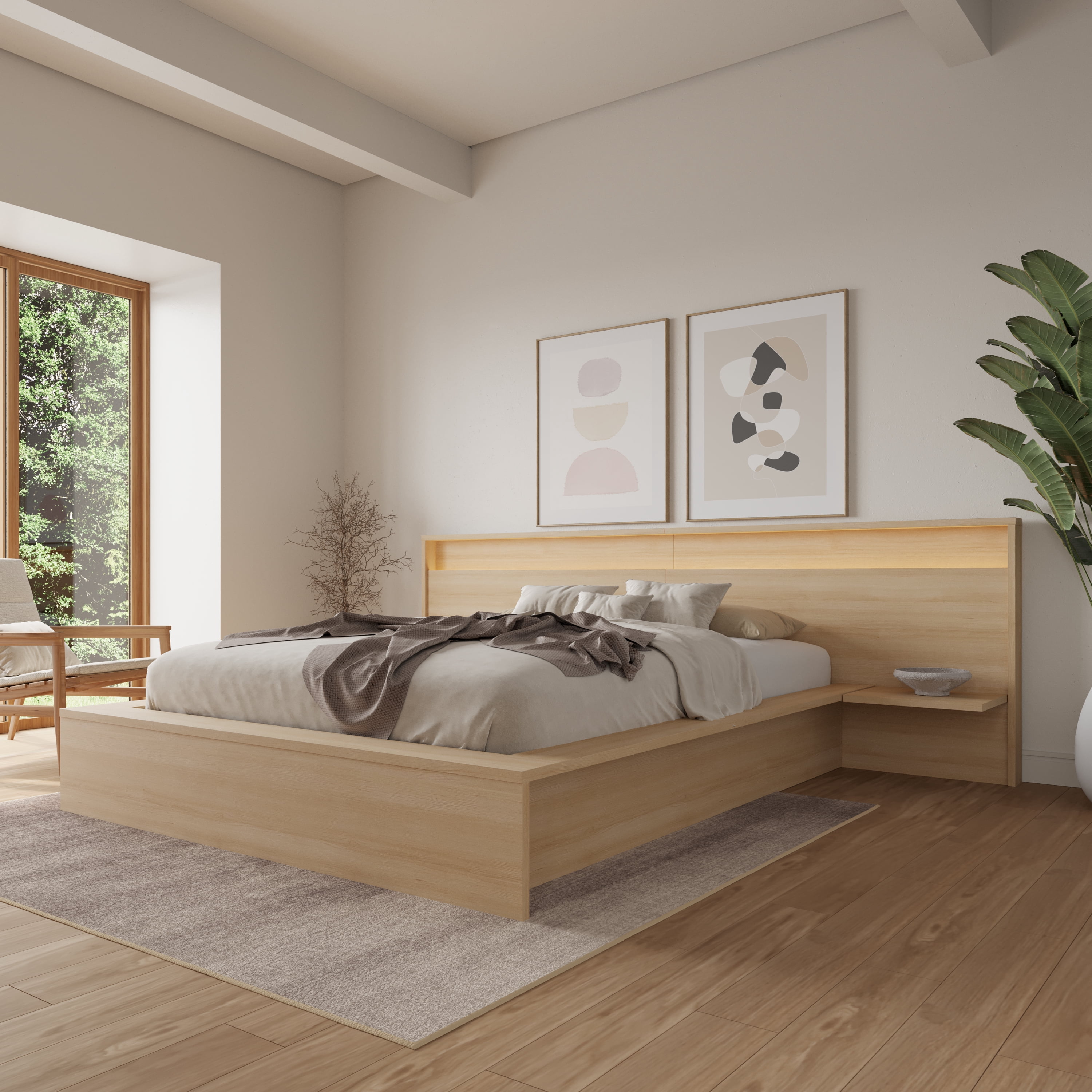 Nexera Lido Queen Size Extended Headboard with Integrated Shelves and Lighting, Natural Blonde Oak