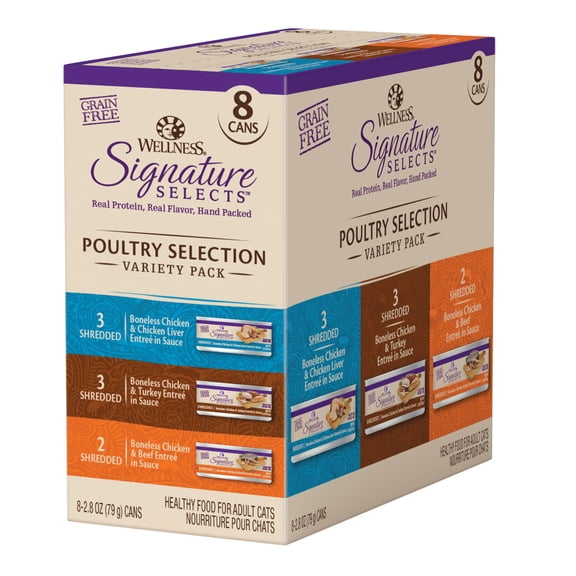 Wellness CORE Signature Selects Variety Pack Adult Canned Wet Cat Food, Natural, Protein Rich, Grain Free, Poultry Recipes, 2.8 oz, Pack of 8 Cans