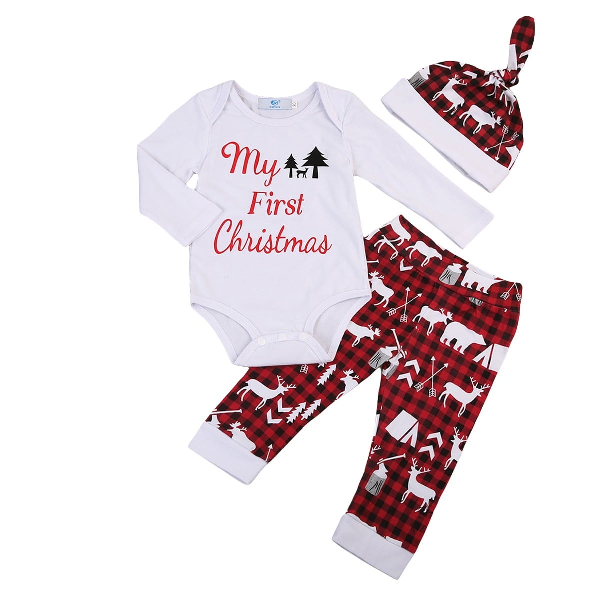 3Pcs Newborn Baby Boy Girl My First Christmas Romper Pants Hat Outfit