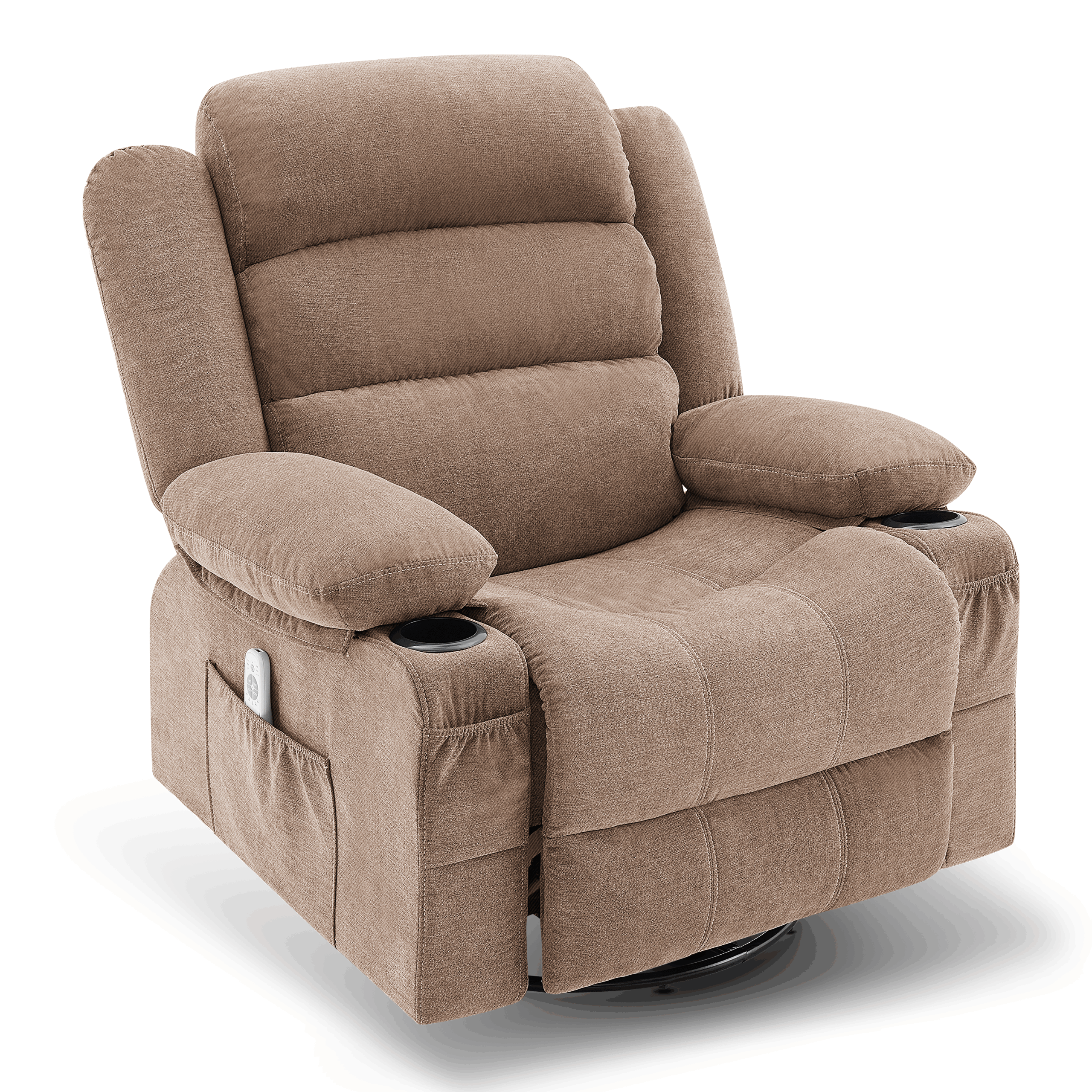 Rocker Recliner Chair with Heat and Massage, 360° Swivel Recliner Chairs for Adults, Oversized Recliner Single Sofa Seat with Cup Holders, Brown