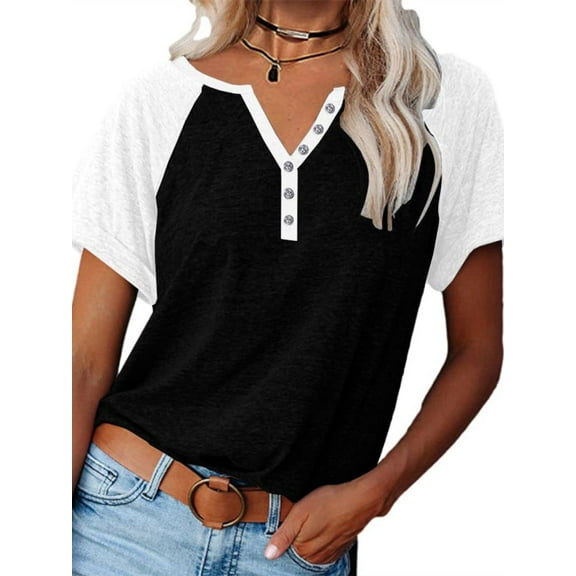 Langwyqu Womens Henley V Neck Raglan Short Sleeve Color Block T Shirts