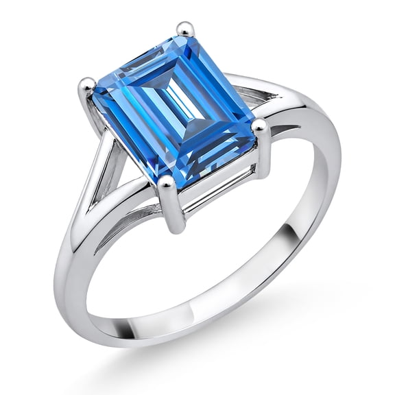 Gem Stone King 925 Sterling Silver Fancy Blue Zirconia Split Shank Solitaire Engagement Ring for Women | 2.62 Cttw | Emerald Cut 9X7MM | Gemstone Birthstone | Size 6