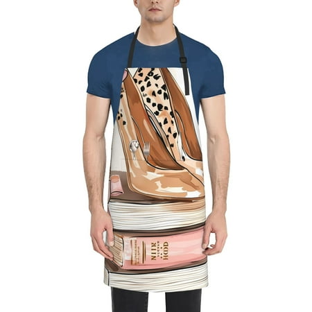 

Lukts Stylish High Heels On Books Pattern Kitchen Cooking Aprons Adjustable Bib Soft Chef Apron with 2 Pockets for Men Women