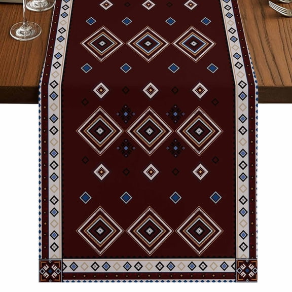 Table Runners 48 Inches Long Dress Scarves, Brown Boho Farmhouse Kitchen/Dining Table Runner, Short Coffee Tablerunners, Retro Farmhouse Abstract Geometric Ethnic Art 13x48 Inch