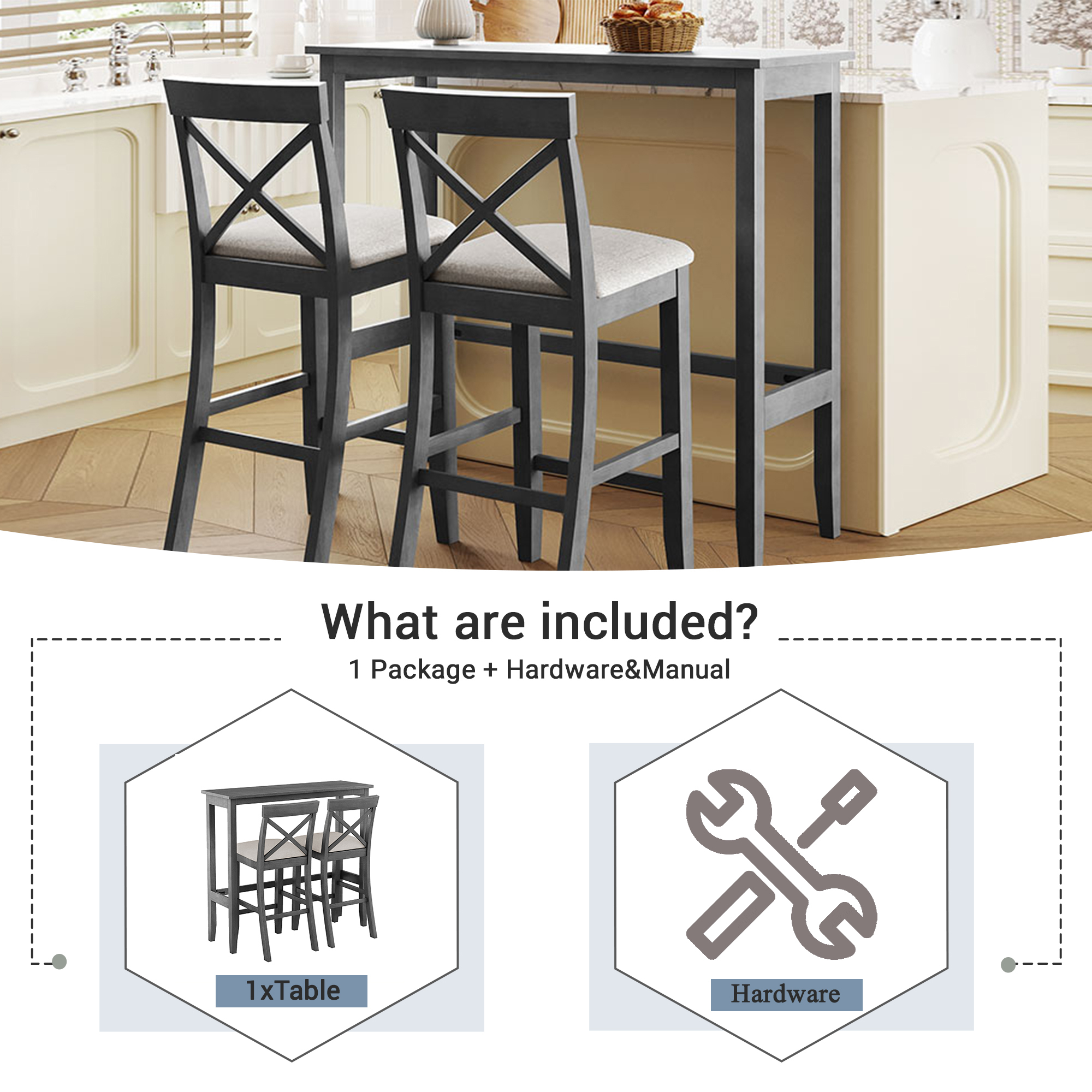 Euroco Farmhouse 3 Piece Dining Set,48" Rectangular Wood Bar Set Kitchen Breakfast Nook with 2 Chairs for Small Places,Gray