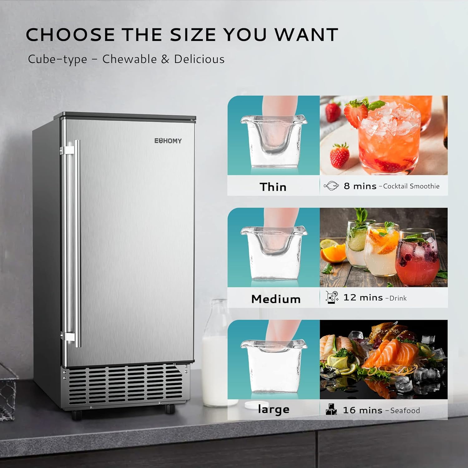 EUHOMY Commercial Under Counter Ice Maker Machine,80 Lb/Day Auto-Cleaning & 24H Timer, Gravity Drainage,Stainless Steel Built-in Freestanding Ice Maker, 24 Lb Storage, Ideal for Commercial & Home Use