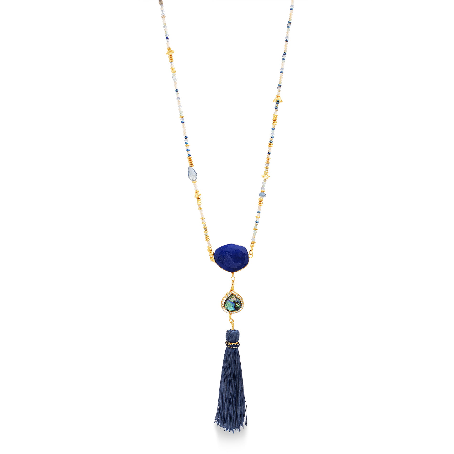 CATHERINE MALANDRINO 42 Multi-Colored Beaded Chain with Blue Tassel Yellow Gold-Tone Necklace for Women 