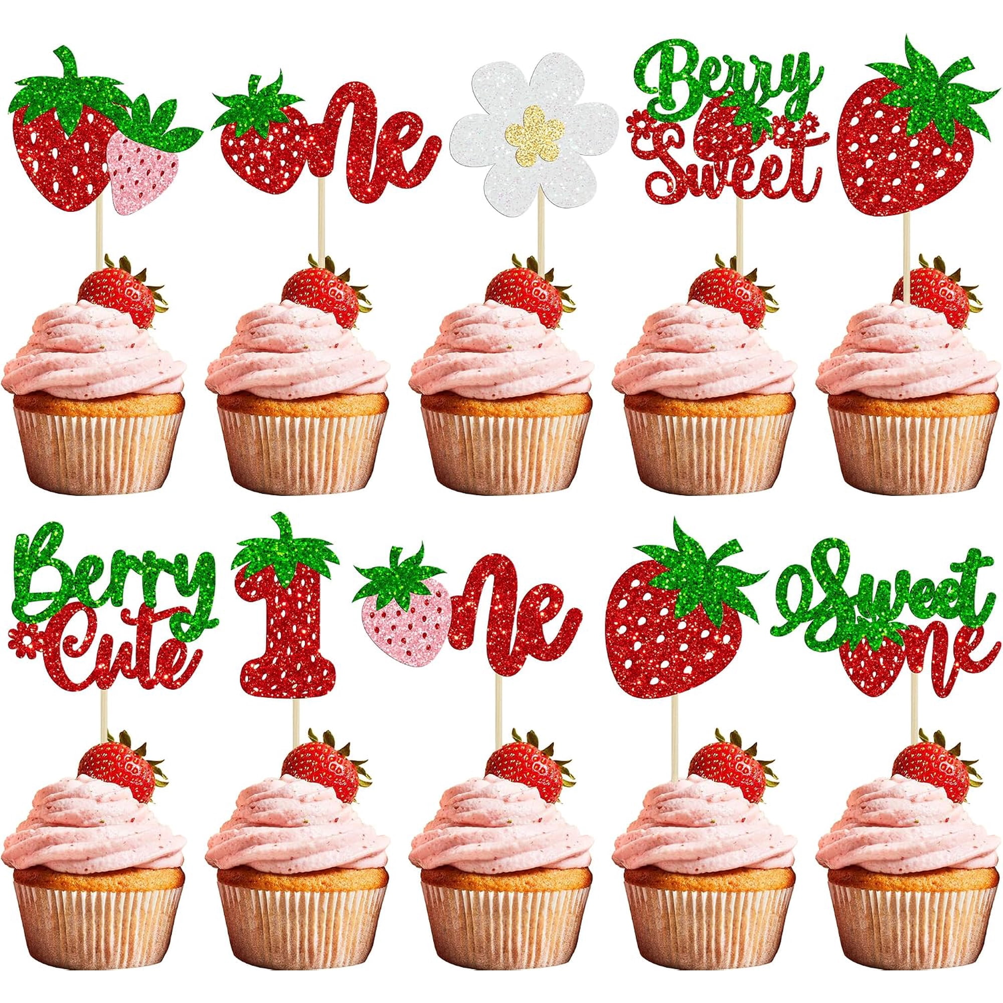 10Pcs Multicolor Glitter Strawberry 1st Birthday Cupcake Toppers Sweet One Berry Cute Berry Sweet Themed Cake Picks for Girl s First Birthday Party