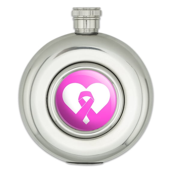 Breast Cancer Awareness Pink Ribbon in Heart Round Stainless Steel 5oz Hip Drink Flask