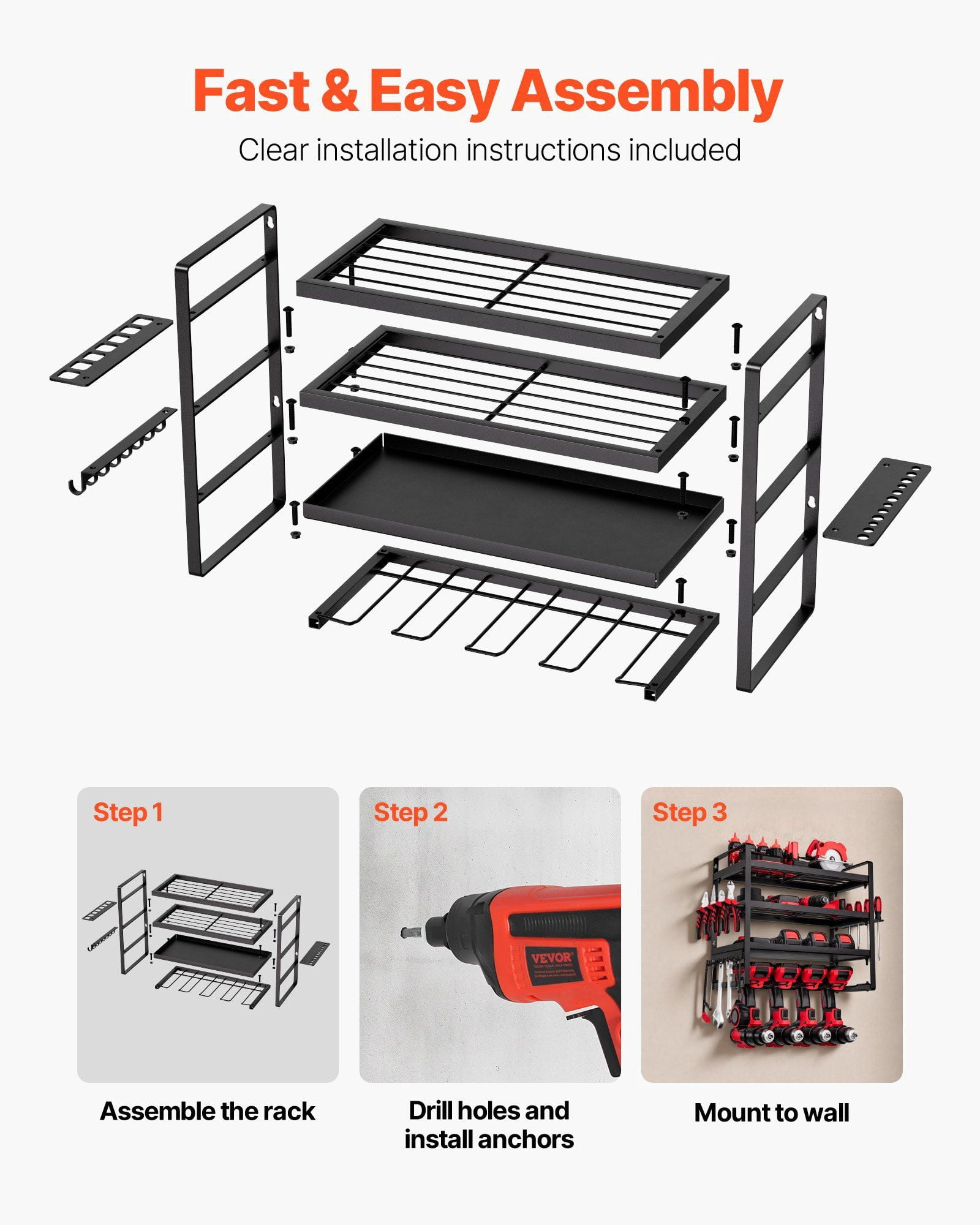 Power Tool Organizer Wall Mount, 4-Layer Storage Rack with 4 Drill Holders, Tools Holder and Storage Rack with Screwdriver Holder, Garage Tool Organizer for Garage, Workbench, and Workshop
