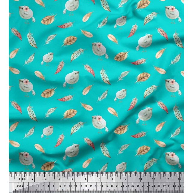 Soimoi Green Poly Georgette Fabric Bird & Feather Print Fabric by the Yard 52 Inch Wide