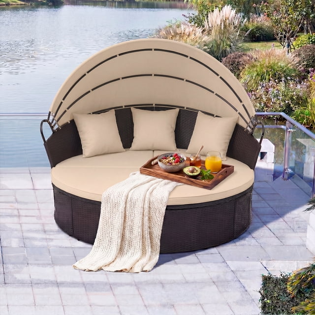 Gymax Lit de Jour Rond pour Patio Extérieur avec Coussins à Auvent Rétractable, Coussins Décoratifs pour Pelouse, Beige