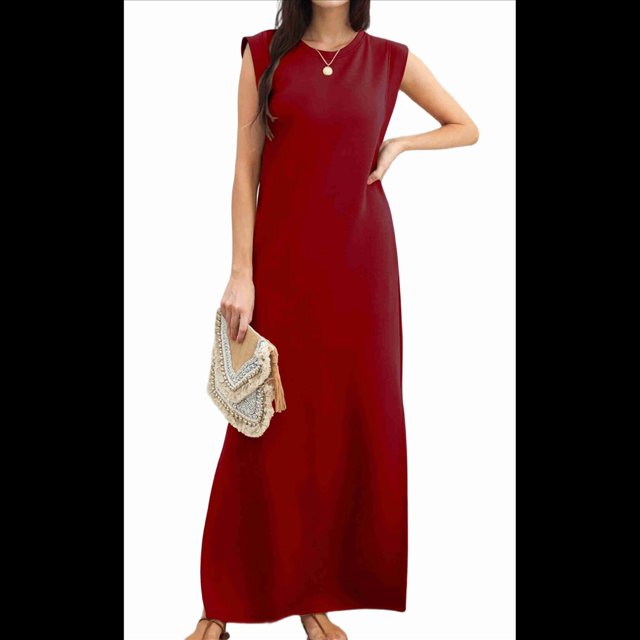 Vestido Maxi de Verano 2025 para Mujer, Informal, Holgado, con Abertura, Sin Arrugas, con Cuello Redondo y Bolsillos, Color Rojo Vino M