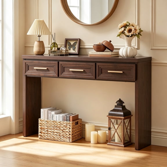 Leyaoyao 47" Entryway Table with 3 Drawers, Modern Wood Console Table with Layered Drawer Fronts, Open Storage Shelf for Living Room, Hallway, Walnut