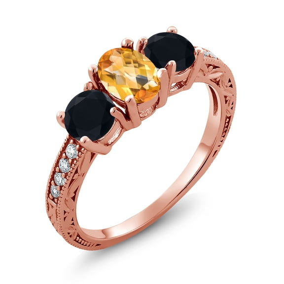 Gem Stone King 1.80 Ct Oval Checkerboard Yellow Citrine Black Onyx 18K Rose Gold Plated Silver Moissanite Ring (Size 7)