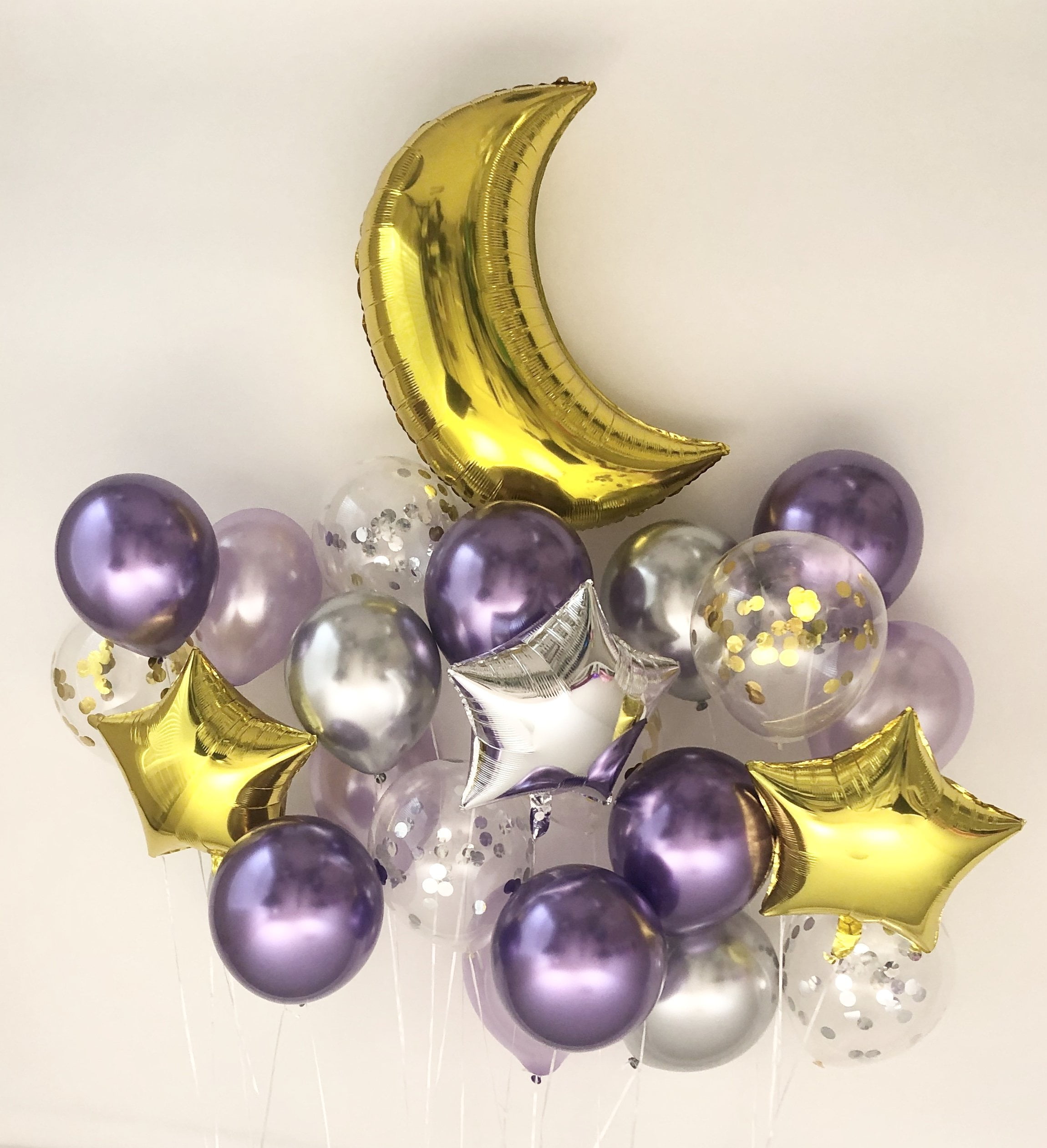 Sweet Moon 24 Piece Moon and Star Balloons Bouquet - Baby Shower, Birthday, Gender Reveal, Eid, and Ramadan Party Decoration (Purple)