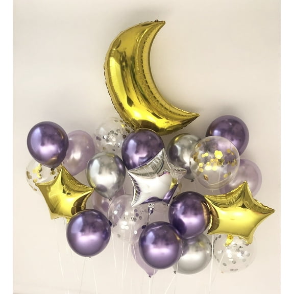 Sweet Moon 24 Piece Moon and Star Balloons Bouquet - Baby Shower, Birthday, Gender Reveal, Eid, and Ramadan Party Decoration (Purple)
