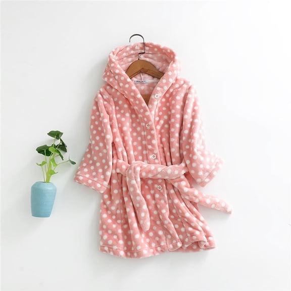 ATOGUTA Kids Bathrobe Fleece Bathrobe Unisex Boys Girls Flannel Hooded Fleece Bathrobe Winter Warm Pajamas Pink, Size 6-12