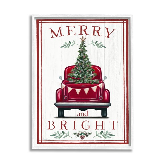 Merry & Bright Christmas Tree In Truck Rustic Botanicals Transportation Graphic Art Framed Art Print Wall Art
