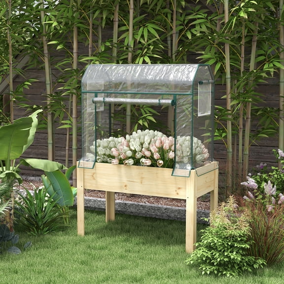 Outsunny Raised Garden Bed with Plastic Greenhouse Cover Outdoor Elevated Wood Planter Box for Herbs, Vegetables for Patio Backyard Balcony, Natural