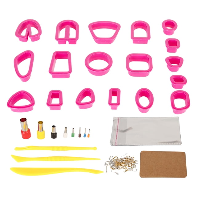 Juego de cortadores de arcilla polimérica, ganchos para pendientes, tarjetas, anillos de salto, kit de cortadores de pendientes de arcilla para hacer joyas, color rosa