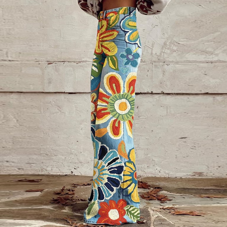 Tnhcen Women's Abstract Floral Print Denim Pants Straight Leg