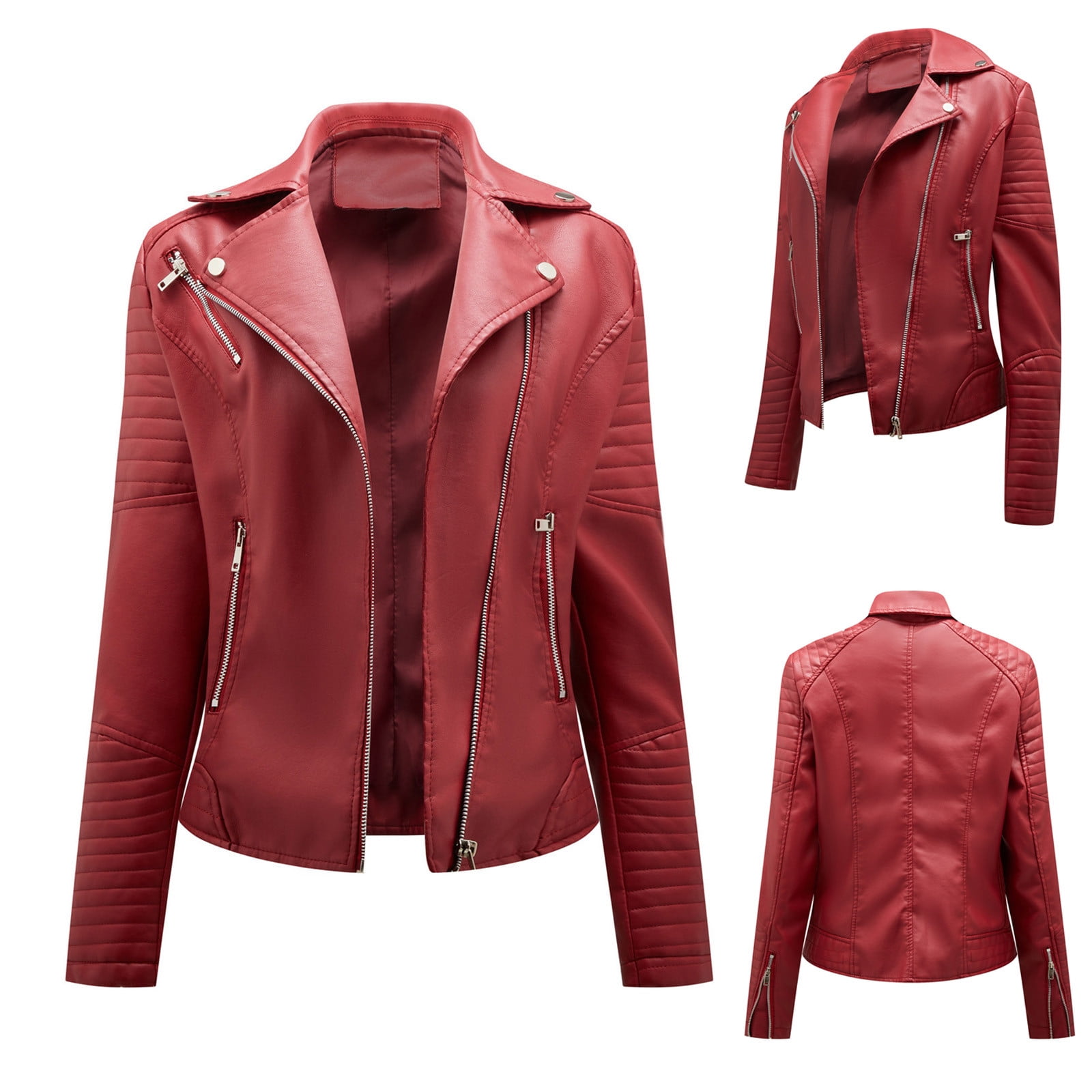 IROINNID Women's Short Faux Leather Jacket Notch Lapel Solid Color Long Sleeve Casual Warm Jacket Slim Winter Hoodless Coats, Wine
