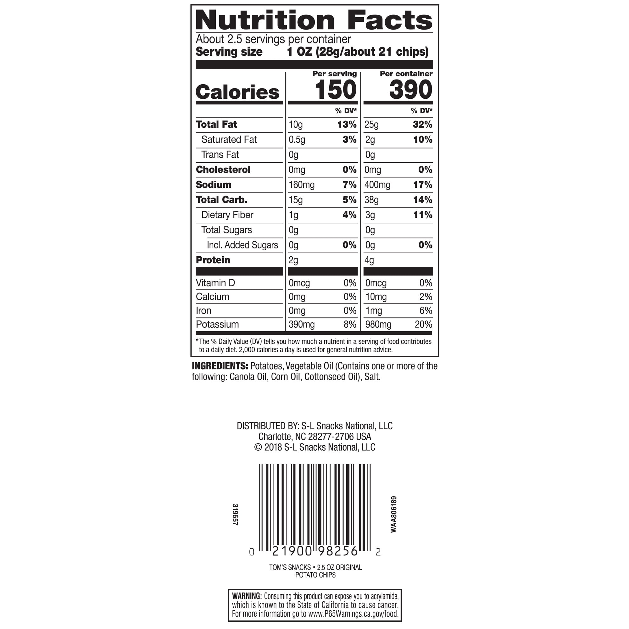 Tom's Potato Chips, Plain, 2.5 oz Snack Bag