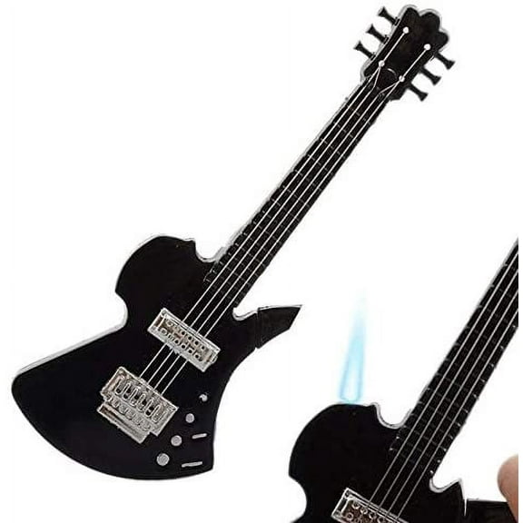Piioket Creative Guitar Shaped Cigarette Lighter Refillable Butane Gas Cigar Lighter Windproof - Black 1 Pcs