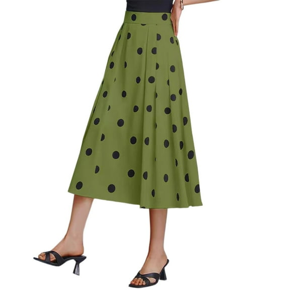 LWavelet Polka Dot Flared Midi Skirt Women Daily Casual Flowy Stylish Versatile Bottoms Green L