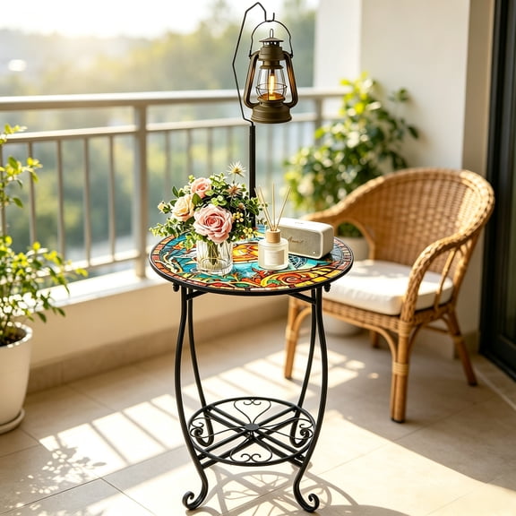 KABB Tall Durable Rustproof Iron Side Table, Weather Resistant Outdoor End Table for Garden, Balcony, Yard