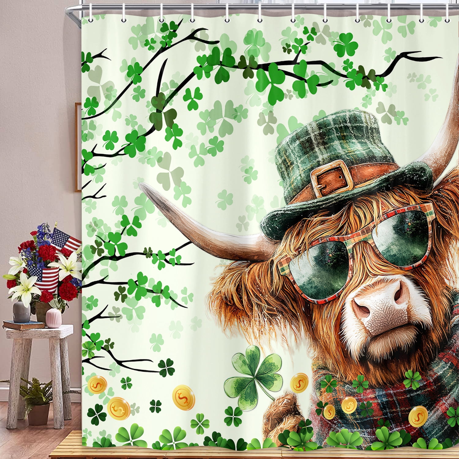 St. Patrick's Day Highland Cow Retro Shower Curtain, Funny Animals Green Clover Board Spring Farmhouse Bathroom Bathtubs Decor, Polyester Shamrock Leaves Bathroom Accessories with Hooks, 69X75in