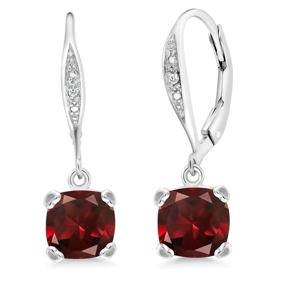 Gem Stone King 925 Sterling Silver Red Garnet and White Diamond Earrings for Women (3.71 Cttw, Gemstone January Birthstone, Cushion 7MM)