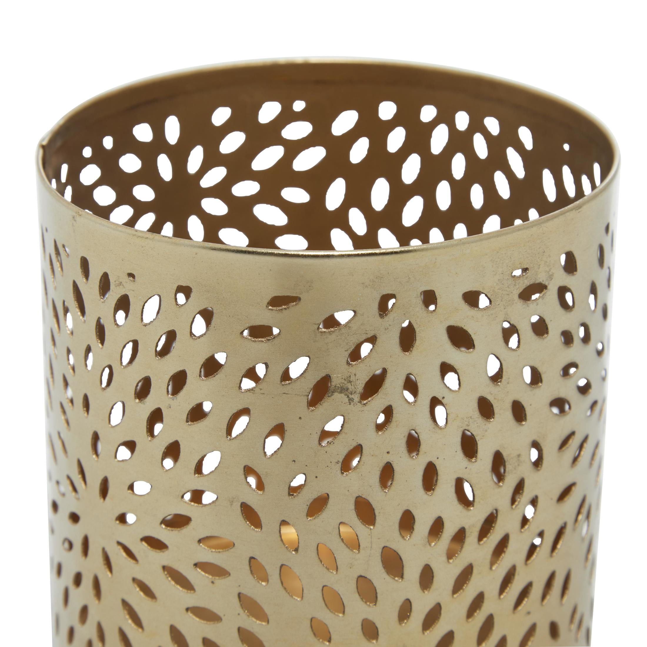 DecMode 4" x 4" Gold Metal Floral Pencil Cup with Laser Carved Design, 1-Piece