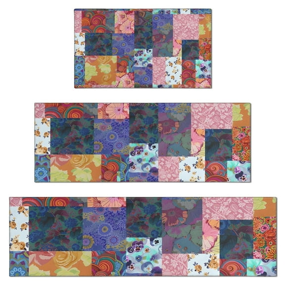 Colorful Pioneer Flower Patchwork Kitchen Rugs Sets Of 3,Kitchen Runner Rugs Non Skid Washable,Decorative Kitchen Floor Mats for Kitchen,Sink,Laundry,17"x30" 17"x47" 17"x59"