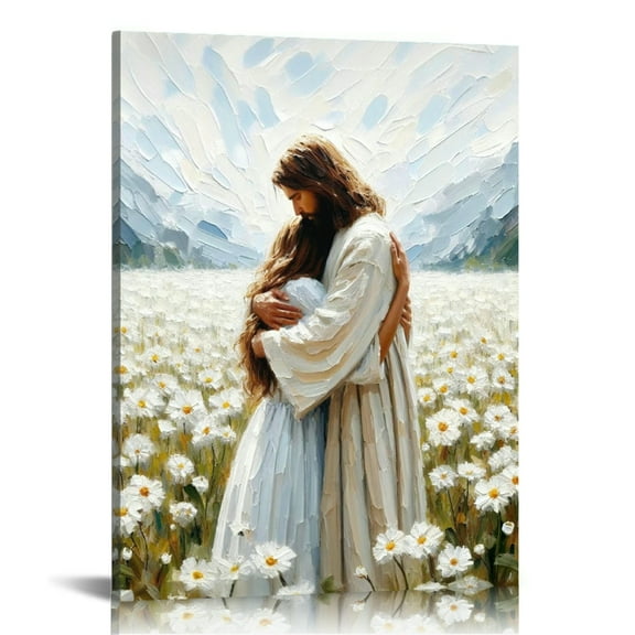 Vintage Jesus Embracing Woman Canvas Wall Art, Safe in His Arms Pictures Canvas Print Posters Wall Decor, Christian Wall Art Home Decor for Living & Prayer Room Framed